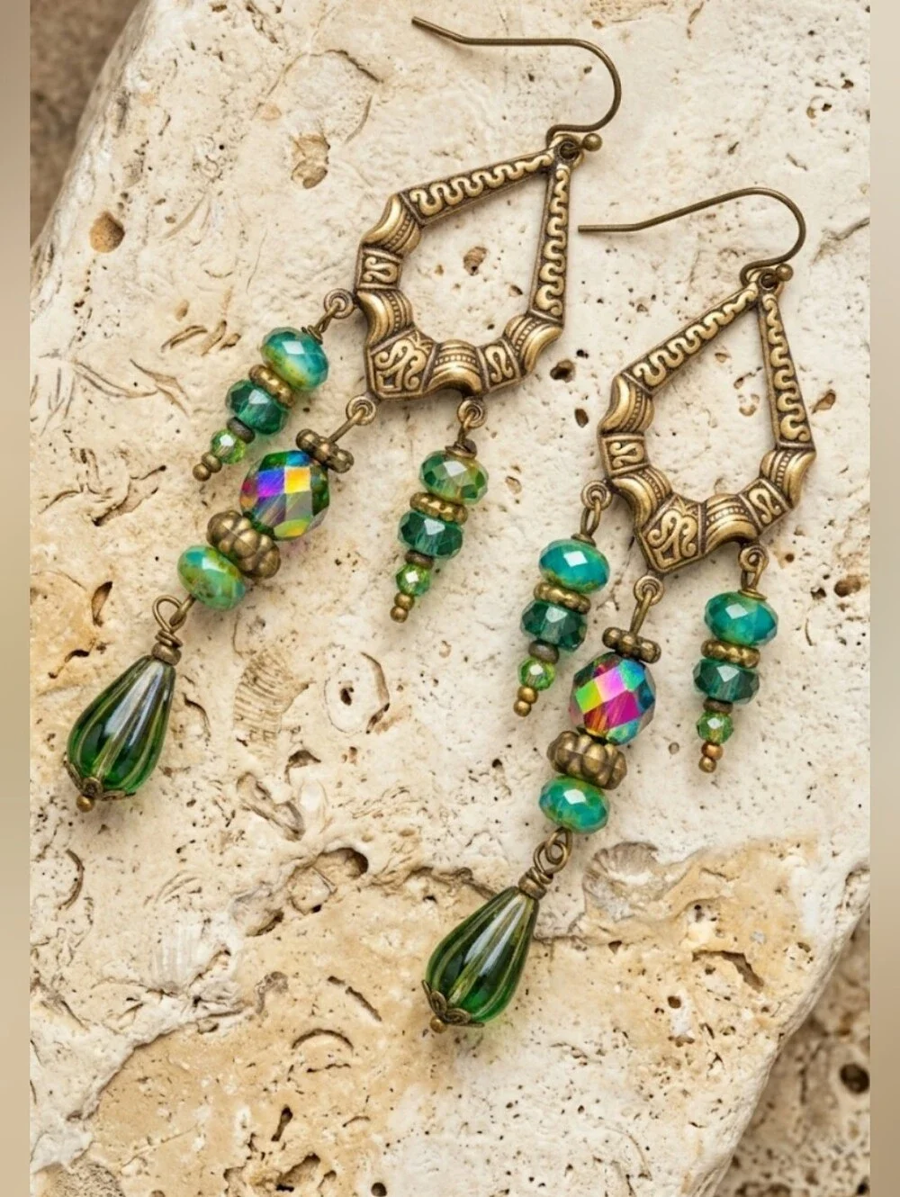 FIESTA Green Glass & Crystal In Artisan Antique Bronze Victorian Style Earrings